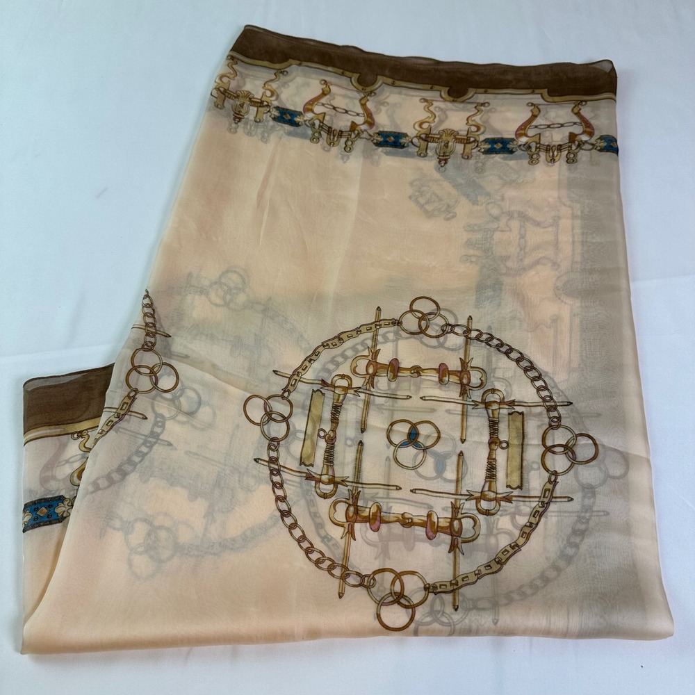 Equestrian Horsebit Chain Print Chiffon large 90X180 CM Scarf Brown Blue Neutral